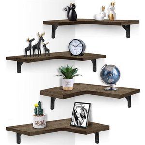Corner Floating Shelves Wall Mounted Set of 4, Rustic Wood Wall Storage Shelves